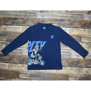 Hurley Boys Long Sleeve Navy Graphic‎ Tee Shirt Monkey Bike Surf Size S (8–10)